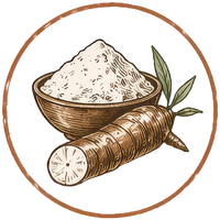 Arrowroot powder and root illustration in an amber circle
