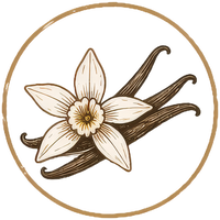Vanilla flower and pods illustration in an amber circle