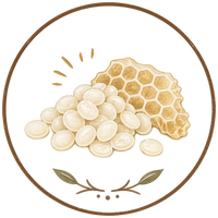 White beeswax and honeycomb illustration in an amber circle